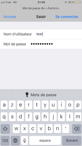 vue du menu iOS avec les paramètres corrects